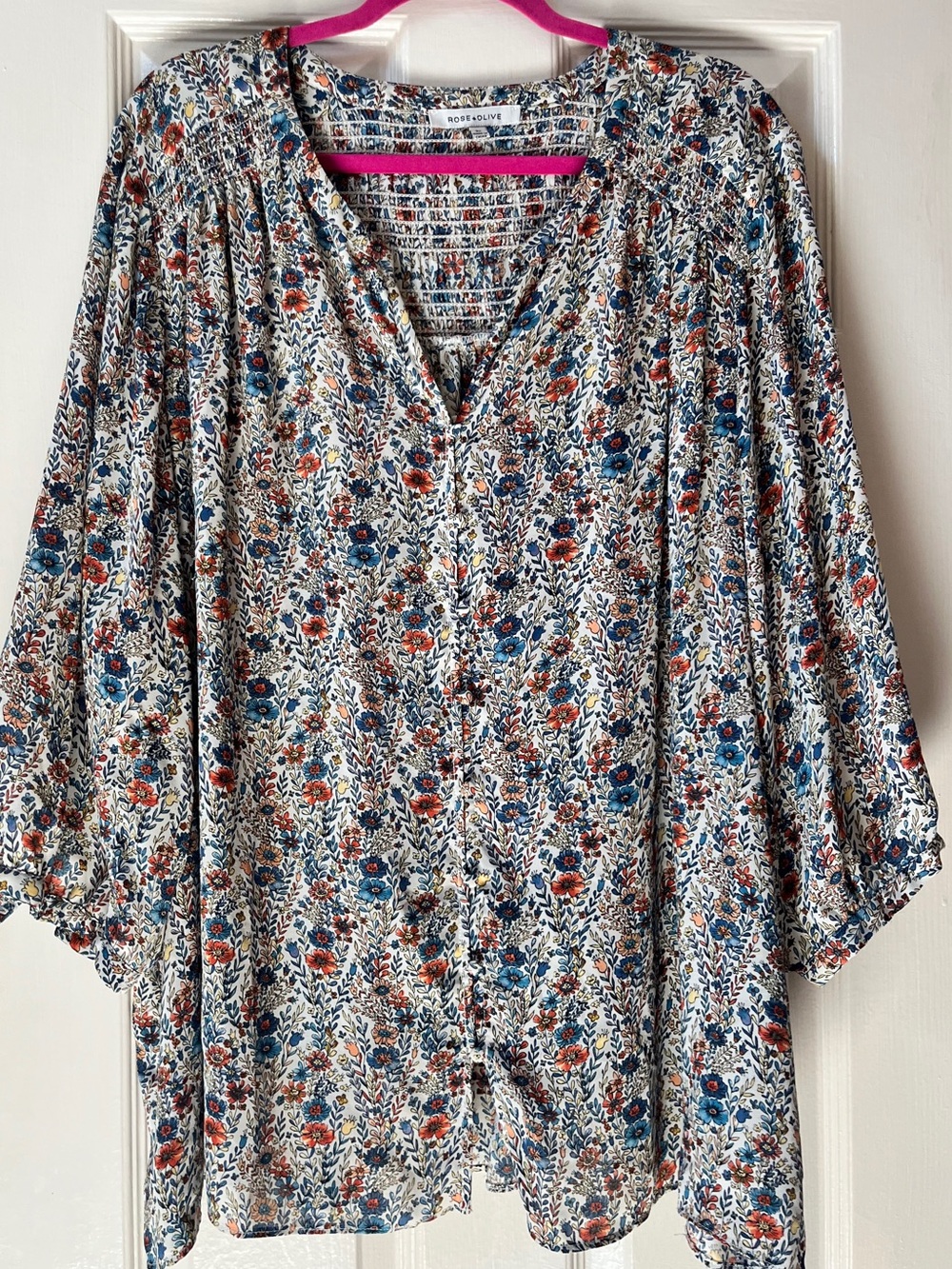 Rose & Olive Cream Blouse with Blue and Rust Floral Print